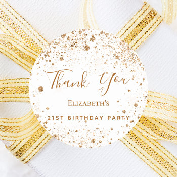 Birthday Party White Gold Glitter Name Thank You Classic Round Sticker by Thunes at Zazzle
