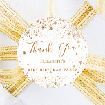 Birthday Party white gold glitter name Thank You Classic Round Sticker<br><div class="desc">A sticker for a girly and glamorous 50th (or any age) birthday party.  A stylish white background with dark faux gold glitter dust. The text: Thank You is written with a large modern hand lettered style script. Personalize and add a name and age 50.</div>