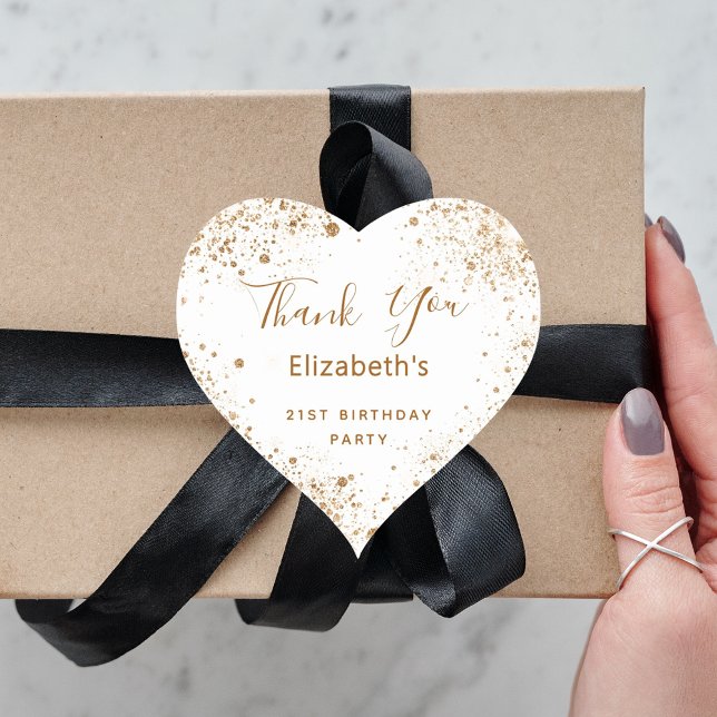 Birthday Party white gold glitter name Thank You Heart Sticker (Creator Uploaded)