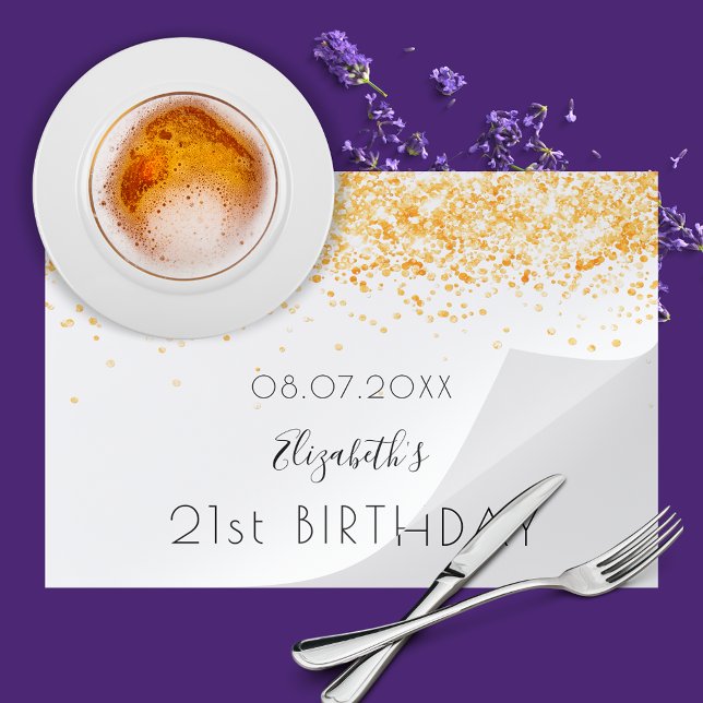 Birthday party white gold glitter paper placemat (Creator Uploaded)