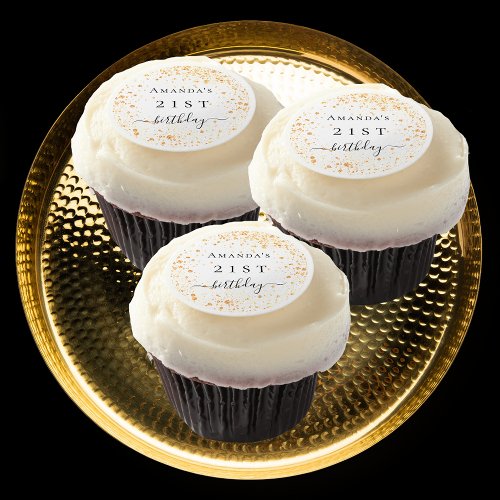 Birthday party white gold sparkles name elegant edible frosting rounds