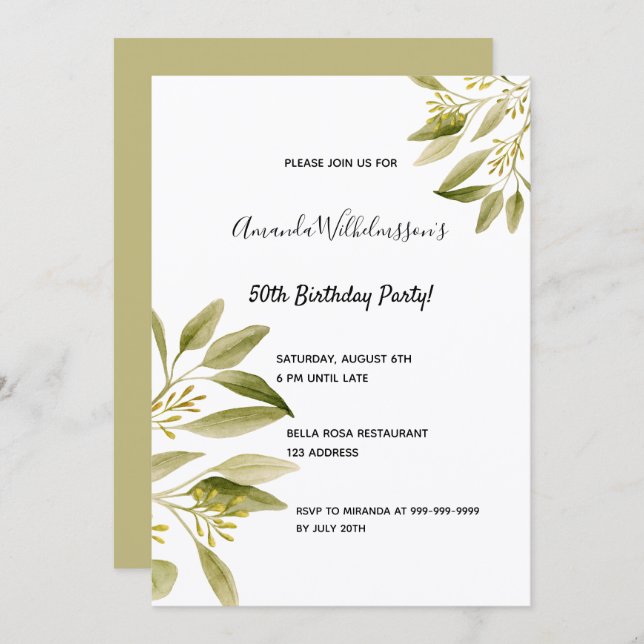 Birthday party white olive green botanicals chic invitation (Front/Back)