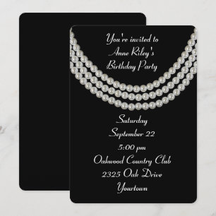 Birthday Party White Pearl Necklace on Black Invitation