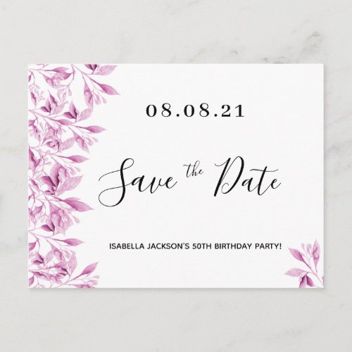 Birthday party white pink florals save the date postcard