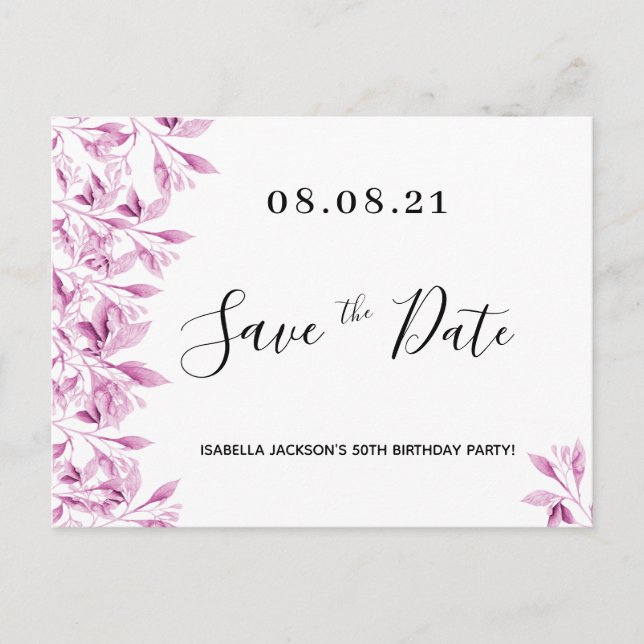 Birthday party white pink florals save the date postcard (Front)