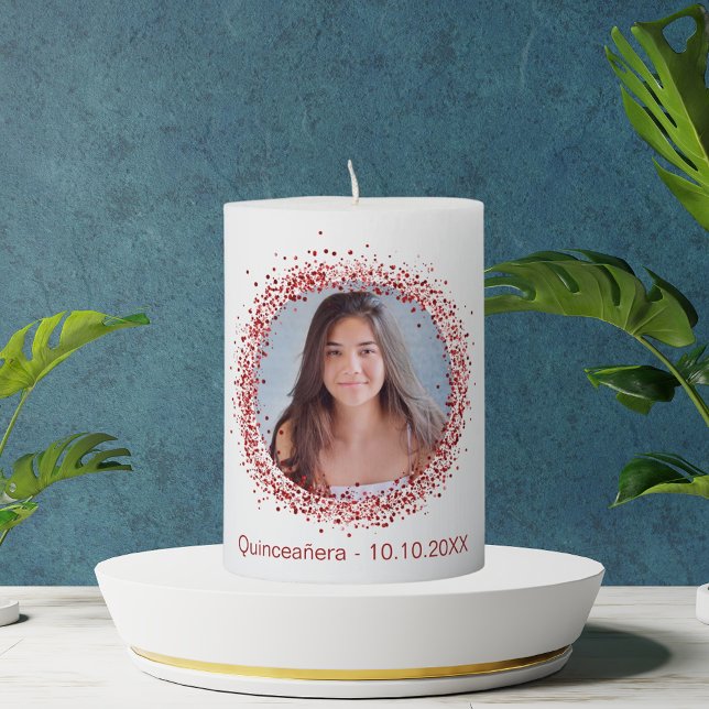 Birthday party white red photo name pillar candle (Creator Uploaded)