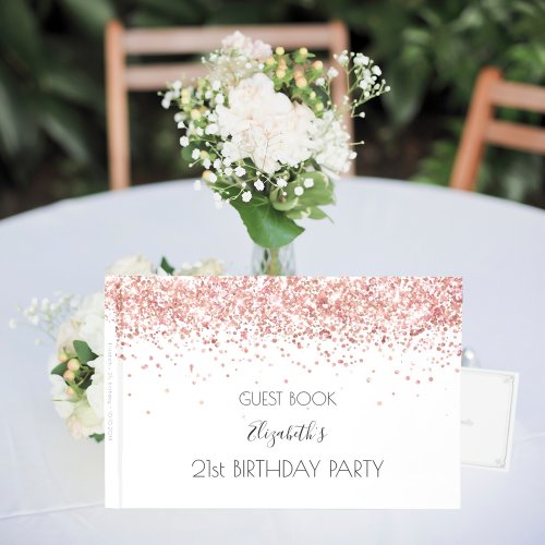Birthday party white rose gold glitter dust name guest book