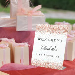 Birthday party white rose gold glitter welcome pedestal sign<br><div class="desc">A welcome sign for a girly and glamorous 21st (or any age) birthday party.  A stylish white background decorated with rose gold faux glitter,  sparkles.   Personalize and add a name and age 21.  Black letters.</div>