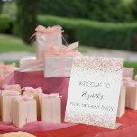 Birthday party white rose gold glitter welcome pedestal sign<br><div class="desc">A sign for a girly and glamorous 50th (or any age) birthday party.  A white background with rose gold faux glitter dust. Personalize and add a  text,  name and age 50. The name is written with a modern hand lettered style script.</div>