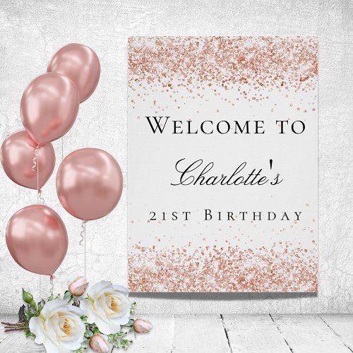 Birthday party white rose gold glitter welcome poster