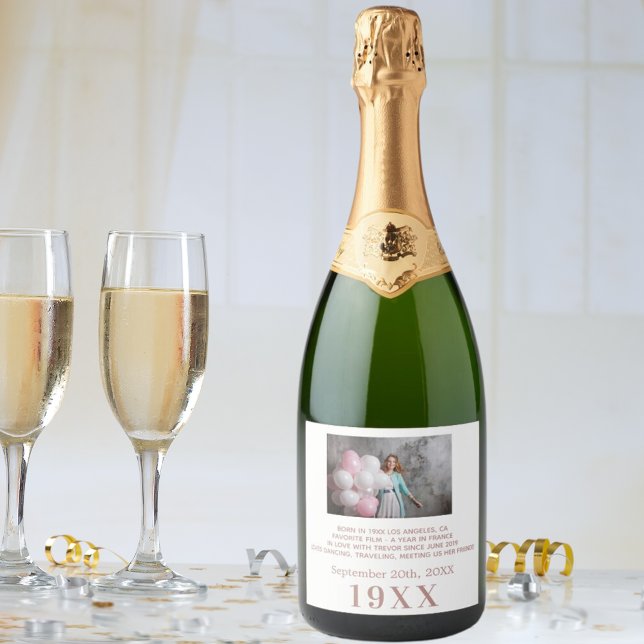 Birthday party white rose gold year born photo bio sparkling wine label (Creator Uploaded)