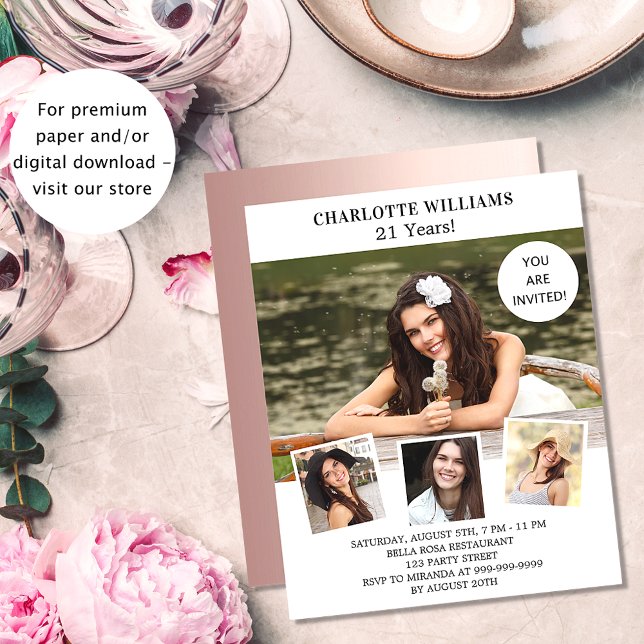 Birthday party white rose photo budget invitation flyer (Creator Uploaded)