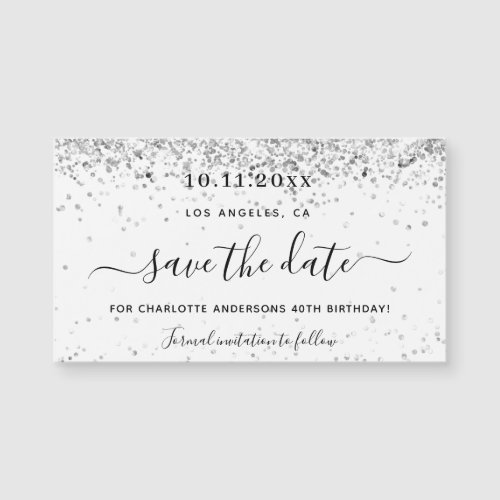Birthday party white silver glitter save the date
