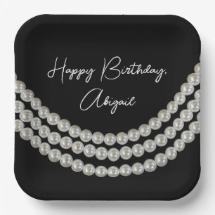 Birthday Party White String of Pearls On Black Paper Plates