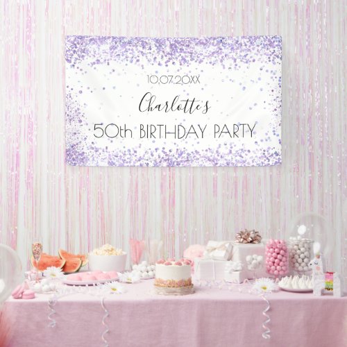 Birthday party white violet lavender glitter name banner