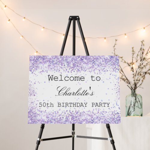 Birthday party white violet lavender glitter name foam board