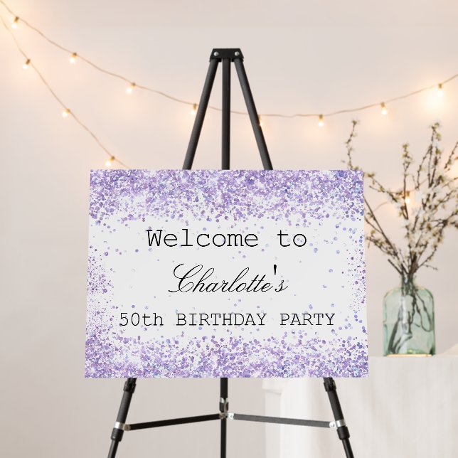 Birthday party white violet lavender glitter name foam board (In Situ (Stand))