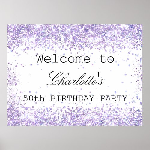 Birthday party white violet lavender glitter name  poster