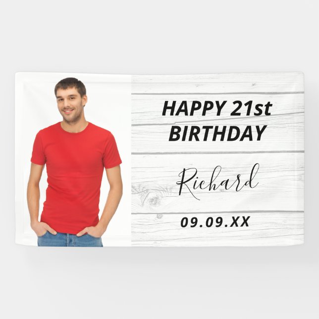 Birthday party white wood photo rustic guy banner (Horizontal)
