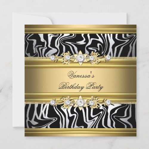 Birthday Party Wild Animal Print Gold Black White Custom Invites