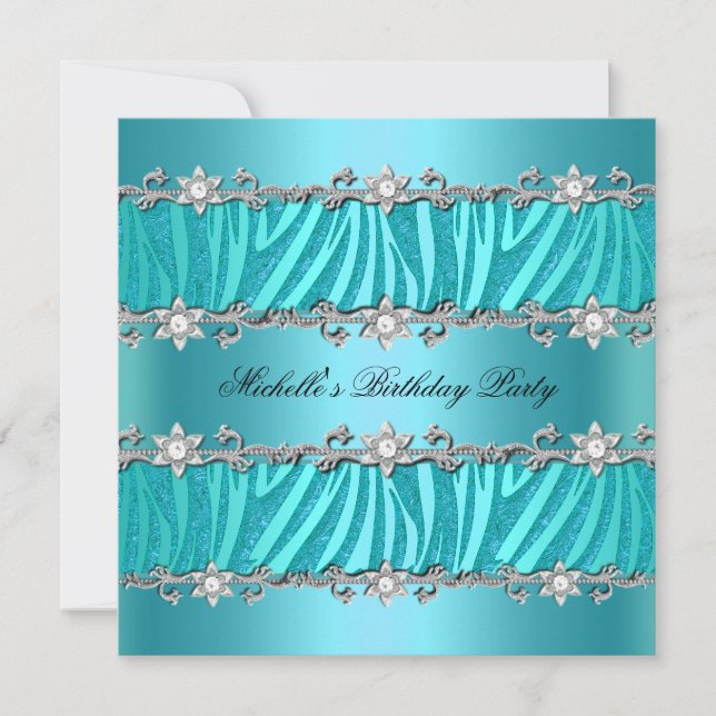 Birthday Party Wild Teal Zebra Diamond Invitation (Front)