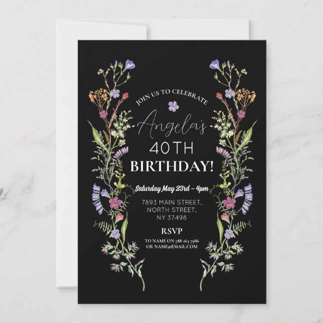 Birthday Party Wildflowers Floral Ditsy Dark Invitation (Front)