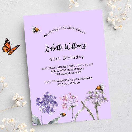 Birthday party wildflowers violet pink bee invitation postcard