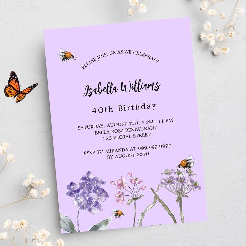 Birthday party wildflowers violet pink bee luxury invitation