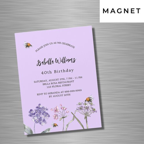 Birthday party wildflowers violet pink bee luxury magnetic invitation