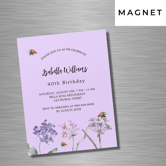 Birthday party wildflowers violet pink bee luxury magnetic invitation (Creator Uploaded)