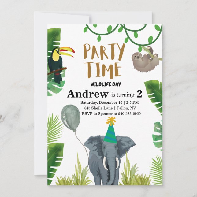 Birthday party wildlife jungle animals  invitation (Front)