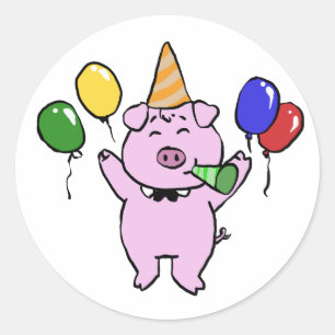 Birthday party with a cute pig choose back color classic round sticker