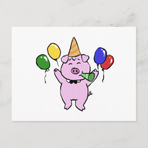Birthday party with a cute pig choose back color postcard