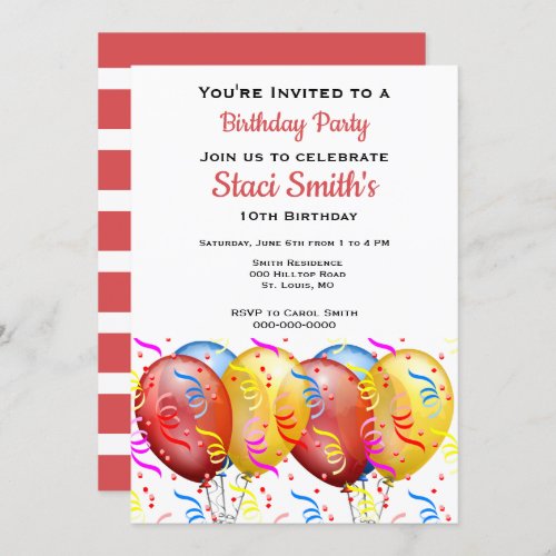 Birthday Party with Balloons Girl 10  Invitation