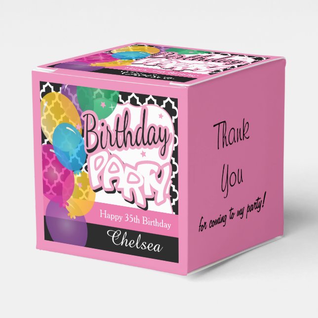 Birthday Party with Balloons in Pink Favor Boxes (Front Side)