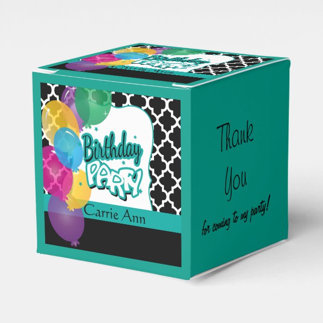 Birthday Party with Balloons in Teal Favor Boxes (Front Side)