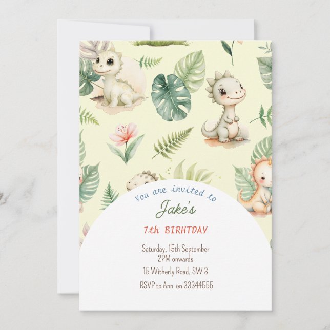 Birthday party with cute dinosaurs invitation (Front)