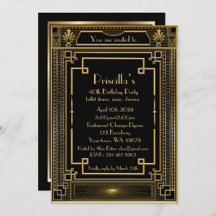 Birthday Party woman, gold Gatsby style, black Invitation