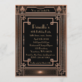 Birthday Party woman, pink gold, Gatsby, black Invitation