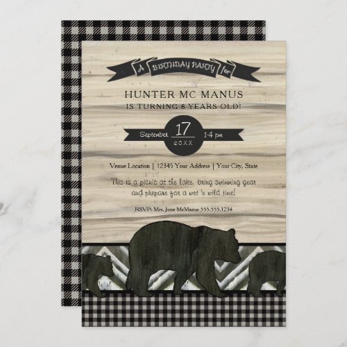 Birthday Party Woodland Forest Bear Rustic Plaid Invitation