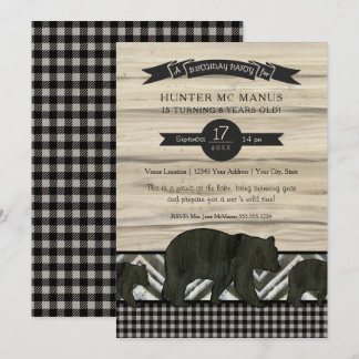 Birthday Party Woodland Forest Bear Rustic Plaid Invitation
