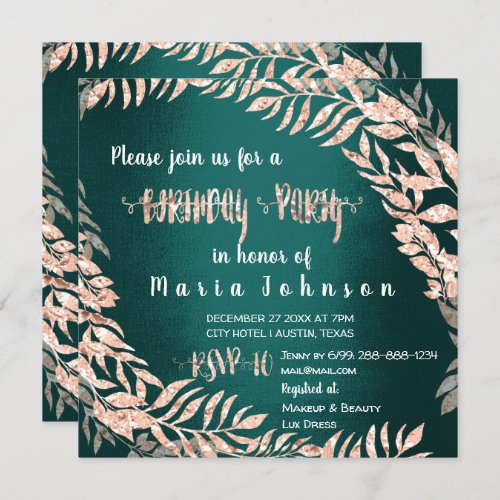 Birthday Party Wreath Glitter Rose Gold Cali Green Invitation