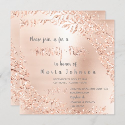 Birthday Party Wreath Glitter Rose Gold Gray Flora Invitation