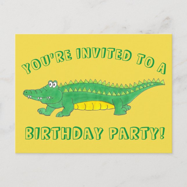 Birthday Party Yellow Green Alligator Crocodile Invitation Postcard (Front)