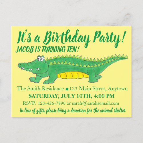 Birthday Party Yellow Green Alligator Crocodile Invitation Postcard