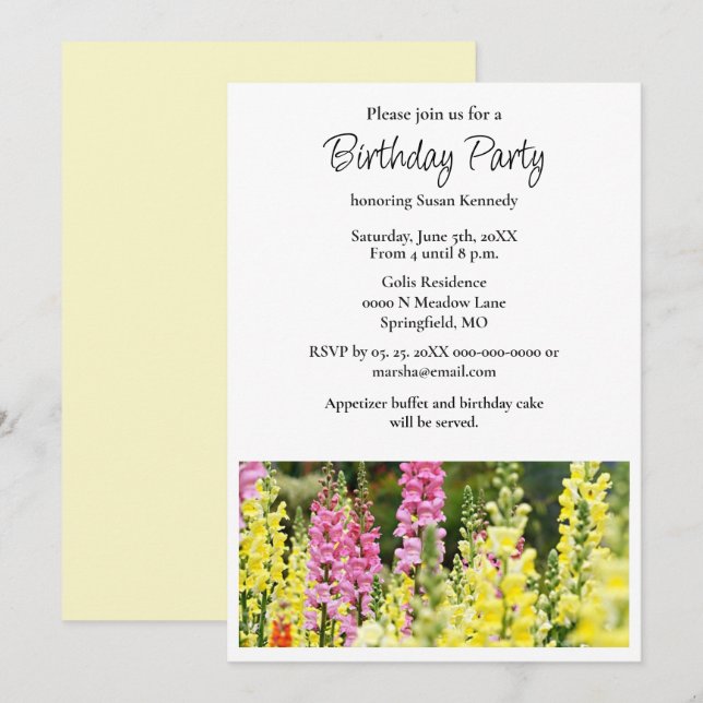 Birthday Party Yellow Pink Flower Invitation (Front/Back)