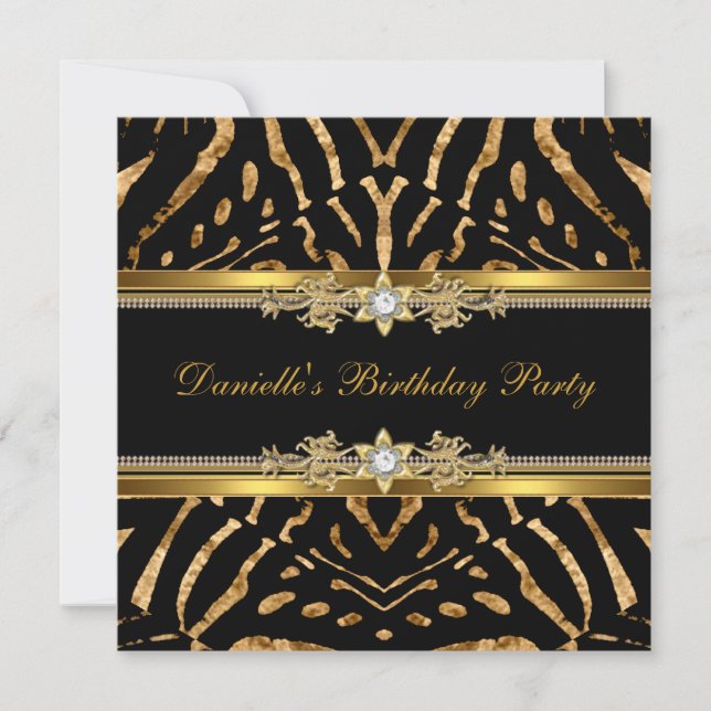 Birthday Party Zebra Black Gold Diamond Invitation (Front)