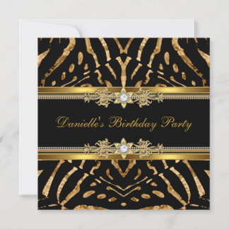 Birthday Party Zebra Black Gold Diamond Invitation