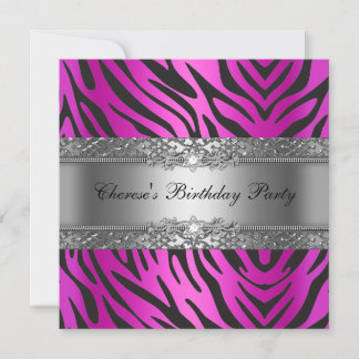 Birthday Party Zebra Diamond Black Hot Pink Invitation