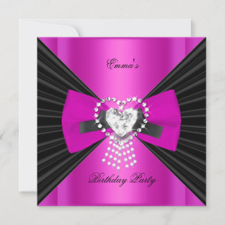 Birthday Party Zebra Elegant Black Hot Pink Bow Invitation